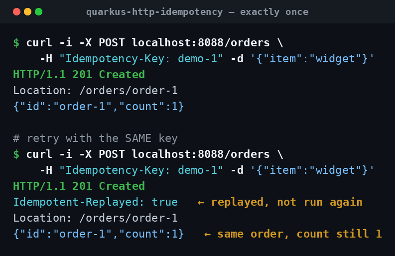 Lab: same key runs once, retry replays