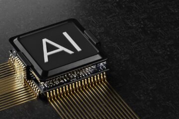 Ilustración conceptual de modelos de pesos abiertos de inteligencia artificial y chips de cómputo