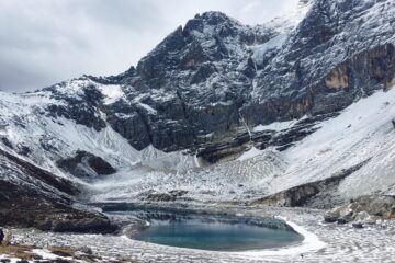 Lago glaciar del Himalaya rodeado de morrena, ejemplo de riesgo de GLOF